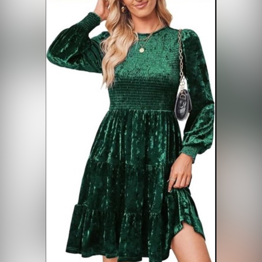 Velvet Mini Dress Women’s Large Green Long Sleeve Wedding Party Cocktail